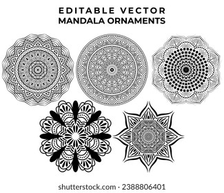 Collection of mandala ornamental decoration pattern vector. Set of isolated cut out african aborigin floral henna pattern in black and white outline for coloring book.