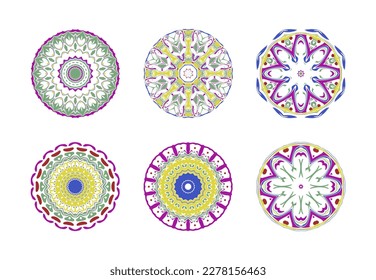 Colección de mandalas. Patrón de flores y círculos de color verde, turquesa, violeta, azul y rojo sobre un fondo blanco. Conjunto de vectores de Mandala como concepto de diseño.