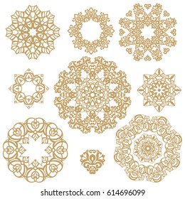 The collection of mandalas. Set of gold round ethnic ornaments. Page decoration. Vector illustration. Isolated on white background.