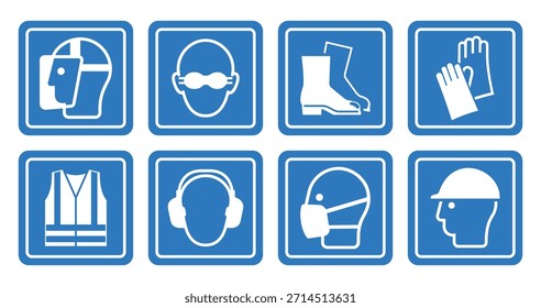 Colección de los signos y símbolos obligatorios del equipo de protección personal sobre fondo azul