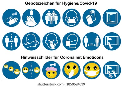 Sammlung von obligatorischen Zeichen für Covid-19 mit Informationszeichen mit Emoticons. Vektor Text Datei in deutscher Sprache "Obligatorische Zeichen für Hygiene / Covid-19" und "Informationszeichen für Corona mit Emoticons"