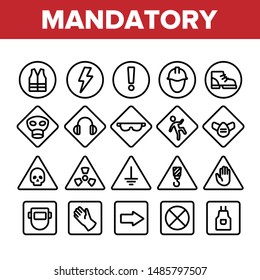 Collection Mandatory Signs Marks Vector Icons Set Thin Line. Safety And Health Protection Inform Mandatory Signs Linear Pictograms. Warning Alert Symbols Monochrome Contour Illustrations