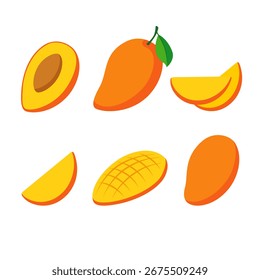 Coleção de ilustrações de frutas de manga em estilo de vetor plano. Manga inteira, fatias, pedaços cortados, semente e meia fruta isolada sobre fundo branco.