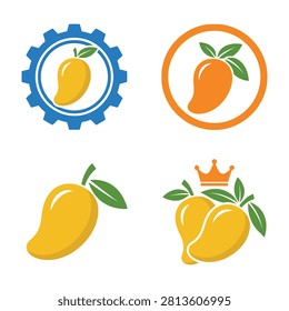 Collection of mango icons in various styles with gear crown and leafy illustrations