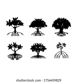 Collection mangrove tree, leaf and roots, with silhouette style, the icons of black and white color.