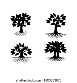 Colección de árboles de manglar, hojas y raíces, con estilo de silueta, los iconos de color blanco y negro.