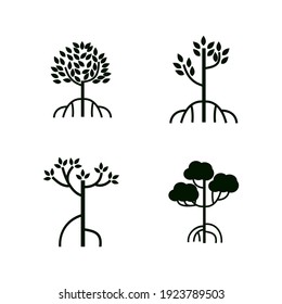 Collection Mangrove Tree, Leaf And Roots, With Silhouette Style, The Icons Of Black And White Color.