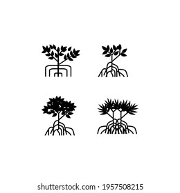 Collection mangrove tree, leaf and roots, with silhouette style, the icons of black and white color.