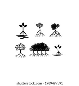 Collection mangrove tree, leaf and roots, with silhouette style, the icons of black and white color.