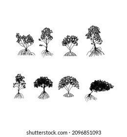 Collection mangrove tree, leaf and roots, with silhouette style, the icons of black and white color.