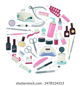 Collection of manicure, pedicure design elements vector circle isolated on white background. Professional tools kit for nails care scissors, file, hand cream, electric drill, UV lamp, cuticle nipper.
