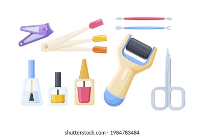 Collection of manicure, pedicure tools and cosmetics. Set of equipment for nails legs hands care. Domestic or salon beauty procedure with nail polish, scissors, file, hand cream vector illustration