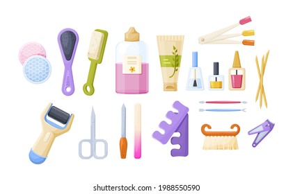 Collection of manicure, pedicure tools and cosmetics. Set of equipment for nails legs hands care. Domestic or salon beauty procedure with nail polish, scissors, file, hand cream vector illustration