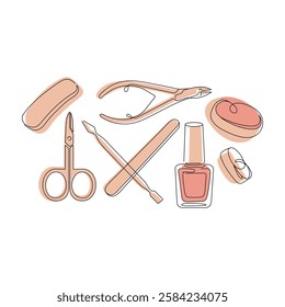 A collection of manicure tools including scissors, cuticle clippers, a nail file, and polish bottle isolated on white background. Beauty salon concept. Vector illustration in line art style.