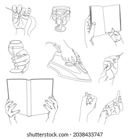Collection. Man's hands hold a needle, glass, book, iron, lipstick in a modern style with one solid line Sketches for decor, posters, stickers, logo. Vector illustration set.