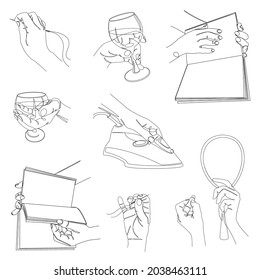 Collection. Man's hands hold a needle, glass, book, iron, lipstick in a modern style with one solid line Sketches for decor, posters, stickers, logo. Vector illustration set.