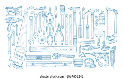 Collection of manual and powered electric tools for woodworking, home repair and maintenance hand drawn with blue contour lines on white background. Monochrome realistic vector illustration.