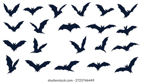 La colección de muchas siluetas de murciélago negro en varias posiciones de vuelo y extensiones de alas es perfecta para Halloween y diseños de noche espeluznantes.