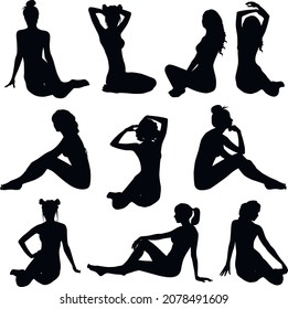 Collection of many black vector silhouettes of beautiful women. Silhouettes of bikini girls in sitting positions. Vector profile of slim woman body.