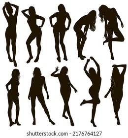 Colección de muchas siluetas negras vectoriales de mujeres en diferentes poses. Siluetas de una hermosa chica sexy aislada de fondo blanco. Perfil negro del cuerpo delgado de la mujer.