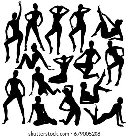 Collection of many black vector silhouettes of beautiful women. Vector sexy girl in bikini swimsuit. Slim body full-length, sitting, lying down illustration of attractive young women.