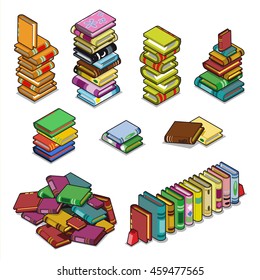 Collection of many books in row, pile and heap. Isometric vector set