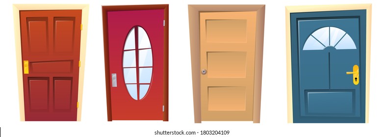 Collection of many cartoon different doors. Many bright modern front doors and elevators. Wooden and architectural doorway, entrance and facade frame, exit and entrance. Vector illustration