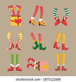 Collection of many elf's legs. Shoes for elves feet, feet of gnomes-assistants of Santa Claus in a set of pants. Shoes, funny striped socks and boots. Vector illustration