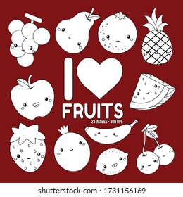 a collection of many fruits in black and white