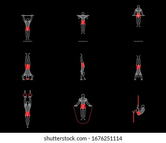 Collection of many gym exercises icons.