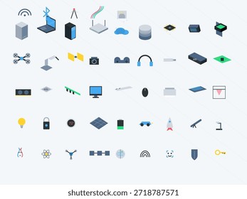 A collection of many icons representing various technology tools, devices, and concepts arranged in a grid format on a light background, suitable for design and development work.