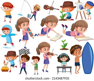 Colección de muchos niños haciendo diferentes actividades ilustrativas