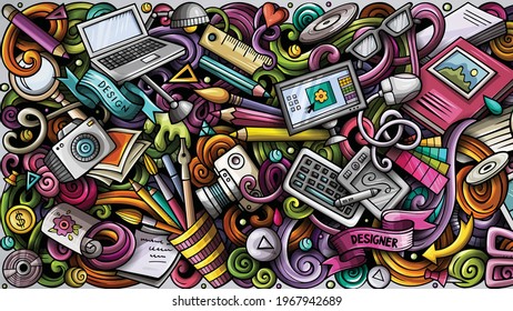A collection of many objects like brushes, camera, laptop, paper etc. illustration