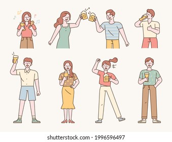 A collection of many people characters drinking beer. flat design style minimal vector illustration.