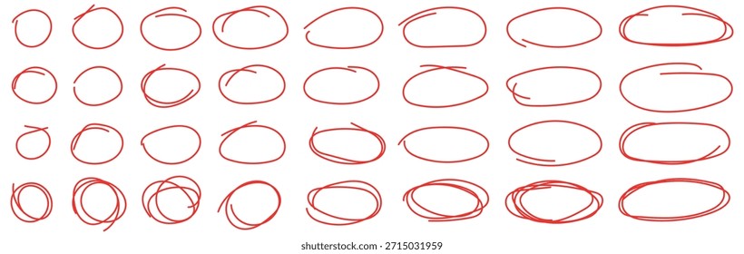 Eine Sammlung von vielen roten handgezeichneten Doodle-Kreisen und unregelmäßigen ovalen Marker-Formen perfekt für die Hervorhebung wichtiger Informationen in Grafikdesign-Projekten