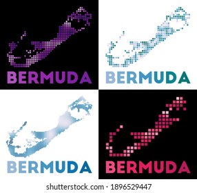 Collection of map of Bermuda in dotted style. Borders of the island filled with rectangles for your design. Vector illustration.