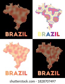 Collection of map of Brazil in dotted style. Borders of the country are filled with rectangles for your design. Vector illustration.