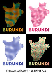 Mapa de Burundi. Colección de mapas de Burundi en estilo punteado. Las fronteras del país están llenas de rectángulos para su diseño. Ilustración vectorial.