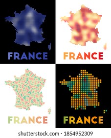 Collection of map of France in dotted style. Borders of the country are filled with rectangles for your design. Vector illustration.