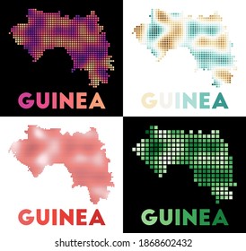 Collection of map of Guinea in dotted style. Borders of the country are filled with rectangles for your design. Vector illustration.