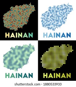 Mapa de Hainan. Colección del mapa de Hainan en estilo punteado. Las fronteras de la isla están llenas de rectángulos para tu diseño. Ilustración vectorial.