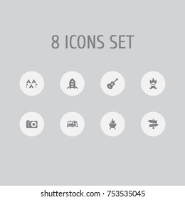 Collection Of Map, Inflatable Raft, Photo Camera And Other Elements.  Set Of 8 Adventure Icons Set. 