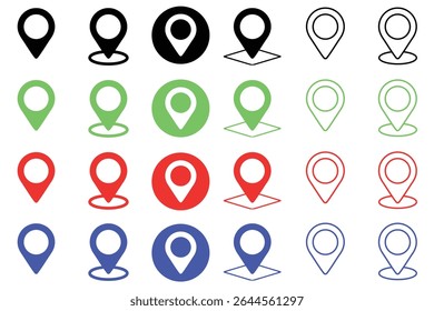 A collection of map location pin icons in different styles. Perfect for use in navigation apps, GPS interfaces, travel websites, maps, and infographic UI UX designs.