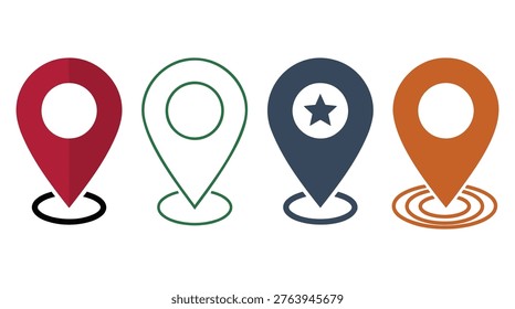 Collection of map location pointers in red, green, blue, and orange. Icons feature star, outline, and ripple effects for different place types.