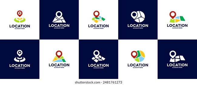 a collection of map logos with colorful concepts, travel targets, distance meters, logo design templates.