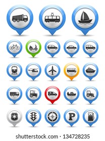 Collection of map markers with transport icons, vector eps10 illustration