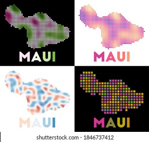 Collection of map of Maui in dotted style. Borders of the island are filled with rectangles for your design. Vector illustration.