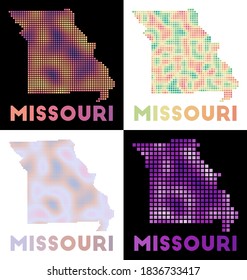 Mapa de Missouri. Colección del mapa de Misuri en estilo punteado. Las fronteras del estado de ee.uu. están llenas de rectángulos para su diseño. Ilustración vectorial.