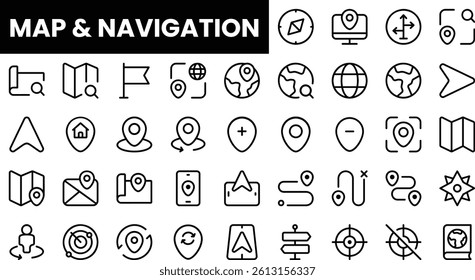 Collection of map and navigation icons in black and white design.