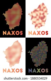 Mapa de Naxos. Colección del mapa de Naxos en estilo punteado. Las fronteras de la isla están llenas de rectángulos para tu diseño. Ilustración vectorial.
